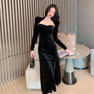 V-neck Plain Velvet Skinny Split Dress / Plain Cape