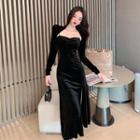V-neck Plain Velvet Skinny Split Dress / Plain Cape