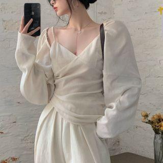 V-neck Camisole Top / Shrug / High Waist Wide Leg Pants