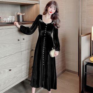 Long-sleeve Gather Waist Midi Dress