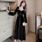 Long-sleeve Gather Waist Midi Dress