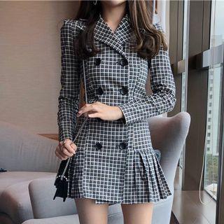 Double-breasted Check Ruffle Hem Blazer Dress