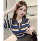 Striped Cropped Polo Shirt Blue - One Size