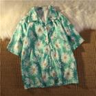 Elbow-sleeve Floral Print Shirt Yellow & White & Green - One Size