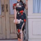 Traditional Chinese Short-sleeve Embroidered Floral Mesh Slit Midi Sheath Dress