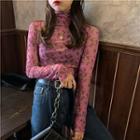 Floral Turtle-neck Slim-fit Long-sleeve Top