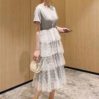 Short-sleeve Polka Dot Mesh Midi Tiered Dress