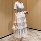 Short-sleeve Polka Dot Mesh Midi Tiered Dress