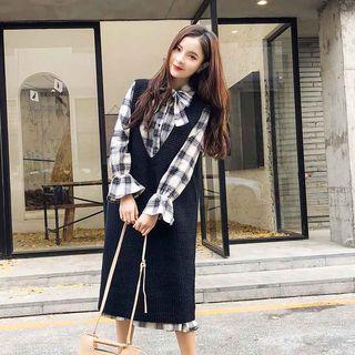 Long-sleeve Plaid Midi Dress / Sleeveless Knit Dress / Set