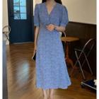 Puff Sleeve V-neck Floral Print Chiffon Dress Blue - One Size