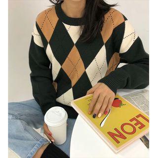Loose-fit Argyle Knit Sweater Green - One Size