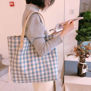 Plaid Canvas Tote Bag Horizontal - Plaid - Blue & Almond - One Size