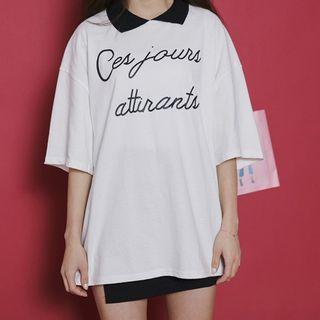 Lettering Elbow-sleeve T-shirt With Collar