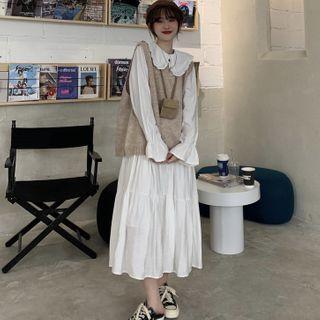 Long-sleeve Tiered Midi A-line Dress / Knit Vest