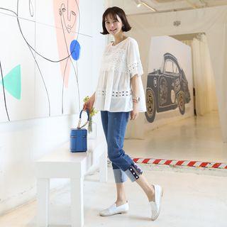 Cuff-hem Faux-pearl Jeans