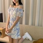 Puff-sleeve Cold-shoulder Tie-dyed Mini Sheath Dress