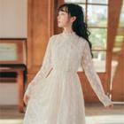 Mock-neck Lace Long-sleeve Midi A-line Dress
