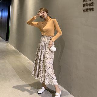 Turtleneck Knit Top / Dotted Velvet A-line Midi Skirt / Set