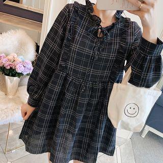 Long-sleeve Plaid Ruffled Mini A-line Dress