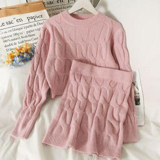 Set: Cable-knit Cropped Sweater + High-waist Mini Pencil Skirt In 5 Colors