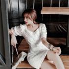 Elbow-sleeve Sequined Floral Applique A-line Dress
