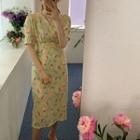 Floral Print Tie-waist Wrap-front Dress Yellow - One Size