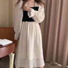 Long-sleeve Shirred Panel Lace Midi A-line Dress White - One Size