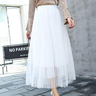Elastic Waist Mesh Pleated A-line Midi Skirt