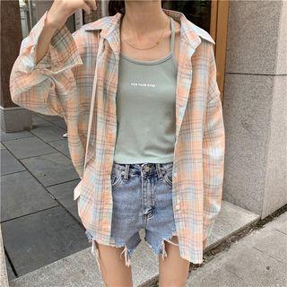 Lettering Slim-fit Camisole Top / Plaid Long-sleeve Shirt