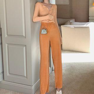 Set: Buttoned Knit Top + Wide Leg Pants