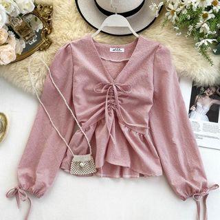 V-neck Drawstring Gingham Blouse