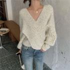 V-neck Flare Long-sleeve Knitted Sweater Beige - One Size