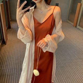 Spaghetti Strap A-line Midi Dress / Long-sleeve Long Sheer Shirt