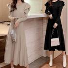 Ruffle Long-sleeve Midi A-line Knit Dress