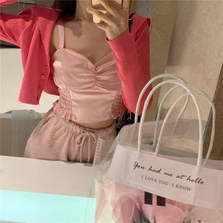 Plain Cardigan / Ruffled Camisole / High-waist Plain Pants