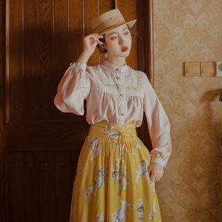 Lace-up Floral Midi A-line Skirt Yellow - S
