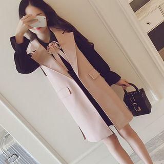 Set: Bow Accent Long-sleeve A-line Dress + Notch Lapel Long Vest