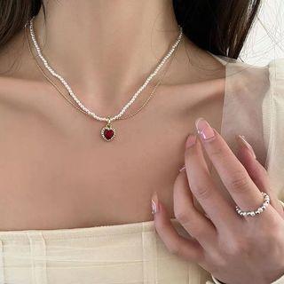 Heart Pendant Beaded Layered Necklace White & Red - One Size