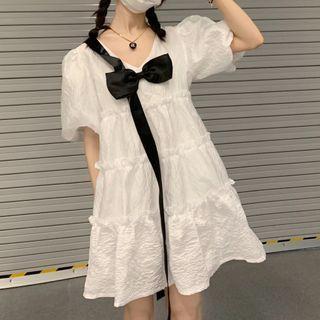 Puff-sleeve Bow Accent Mini A-line Dress White - One Size