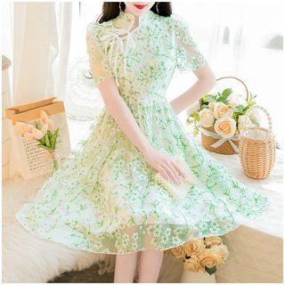 Flower Print Mandarin Collar Short-sleeve Midi A-line Dress