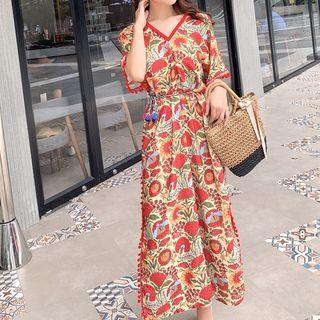 Elbow-sleeve Pom Pom Trim Patterned A-line Midi Dress