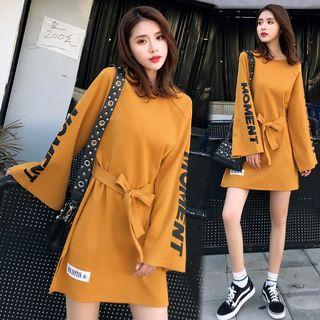 Lettering Long-sleeve Tunic With Sash