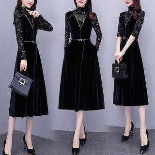 Mock Two-piece Long-sleeve Turtleneck Midi A-line Dress