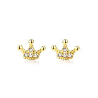 Sterling Silver Plated Gold Simple Creative Crown Stud Earrings With Cubic Zirconia Golden - One Size