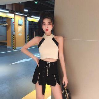 Knit Crop Tank Top / High-waist Zip Slit Hot Pants / Set