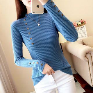 Button Detail Mock-neck Long-sleeve Knit Top