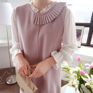 Pleated Asymmetric-collar Sleeveless Shift Dress