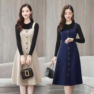 Set: Long-sleeve Top + Sleeveless Midi A-line Dress