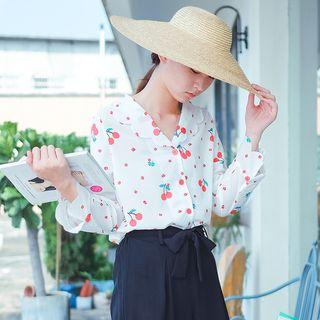 Cherry Print Long-sleeve Blouse White - One Size