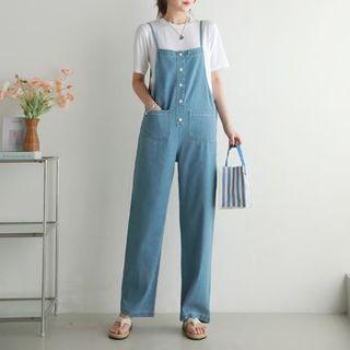 Spaghetti-strap Button-trim Denim Jumpsuit